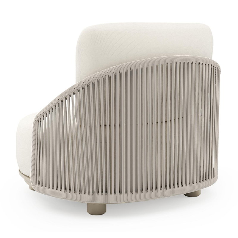 Fauteuil de jardin Vadelo en aluminium beige et corde ronde tissée verticalement beige et coussins en all weather sunbrella® luxe natte white