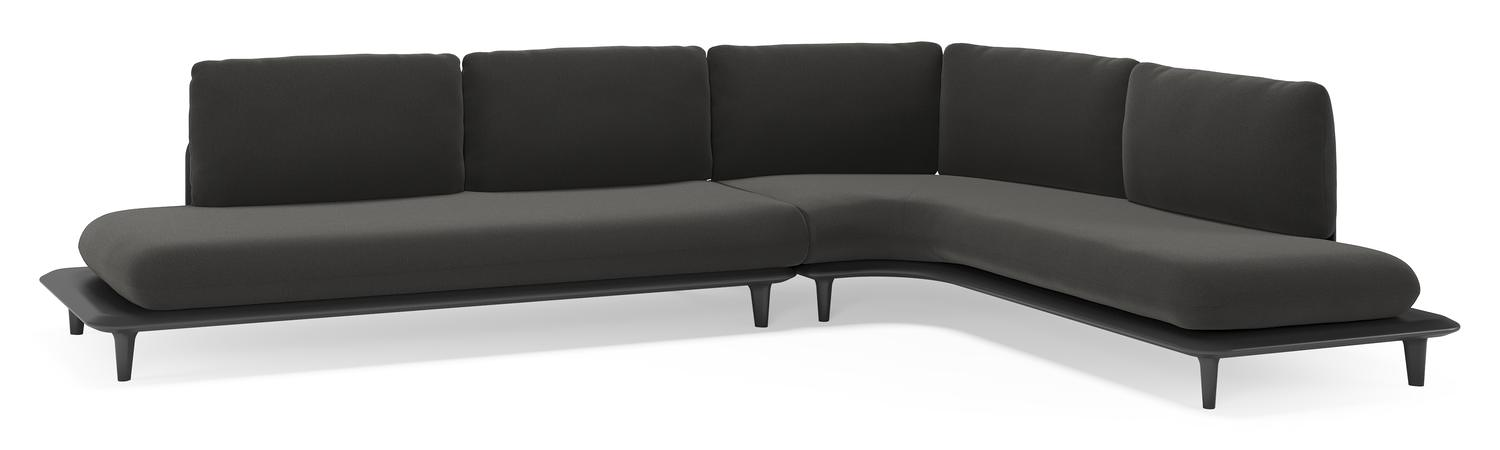 Salon de jardin d'angle Bomero en aluminium noir et coussins en all weather sunbrella® luxe natte sooty