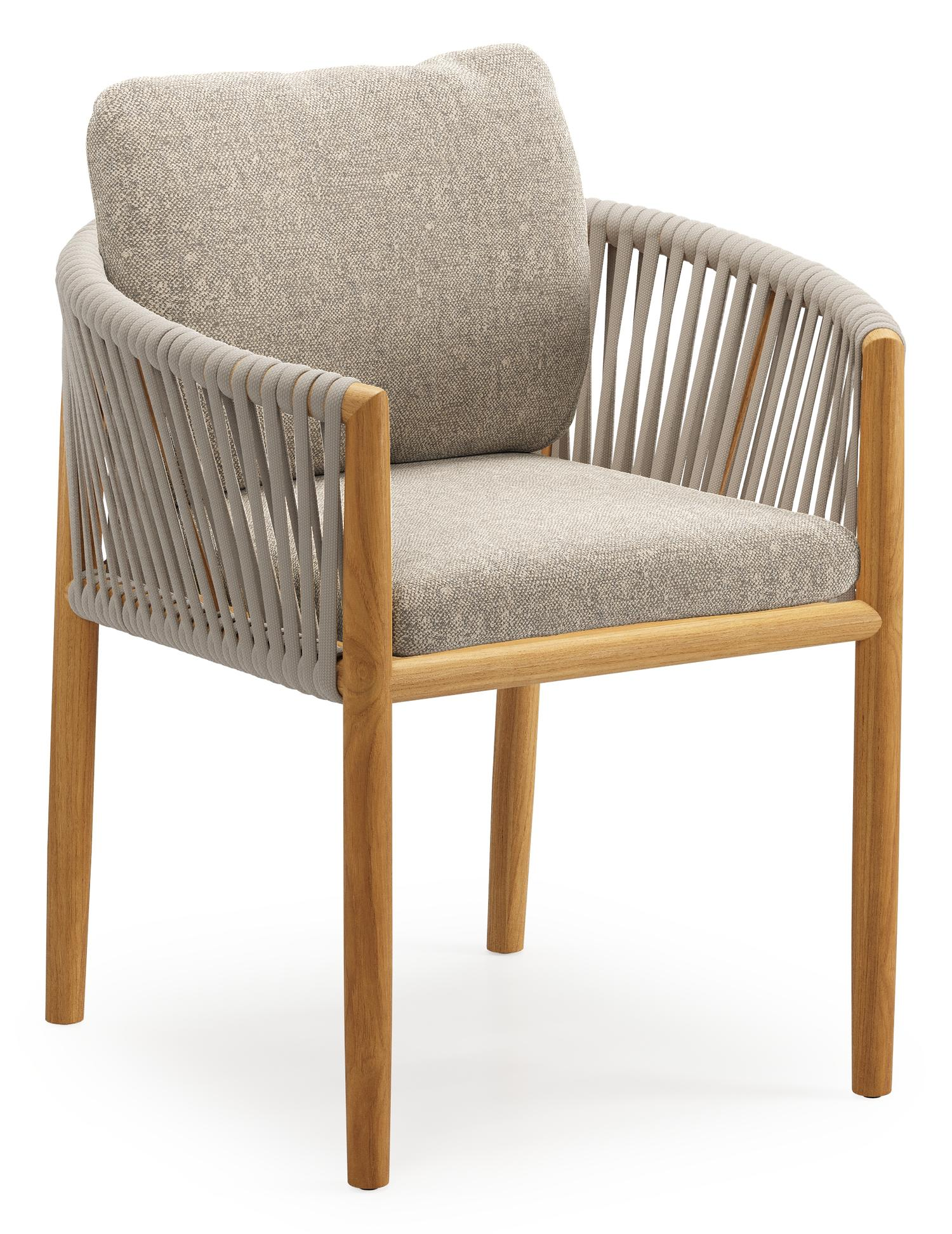 Organo tuinstoel in beige teak en beige verticaal geweven luxe vlakke rope met kussen in All Weather Sunbrella® Luxe Chartres Pewter