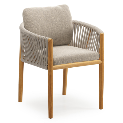 Organo tuinstoel in beige teak en beige verticaal geweven luxe vlakke rope met kussen in All Weather Sunbrella® Luxe Chartres Pewter