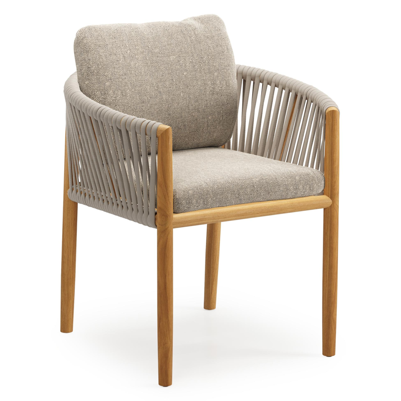 Organo tuinstoel in beige teak en beige verticaal geweven luxe vlakke rope met kussen in All Weather Sunbrella® Luxe Chartres Pewter