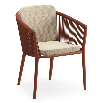 Orso tuinstoel in roestbruin aluminium en roestbruin verticaal geweven ronde rope met zitkussen in All Weather Cosytica Althea Camel