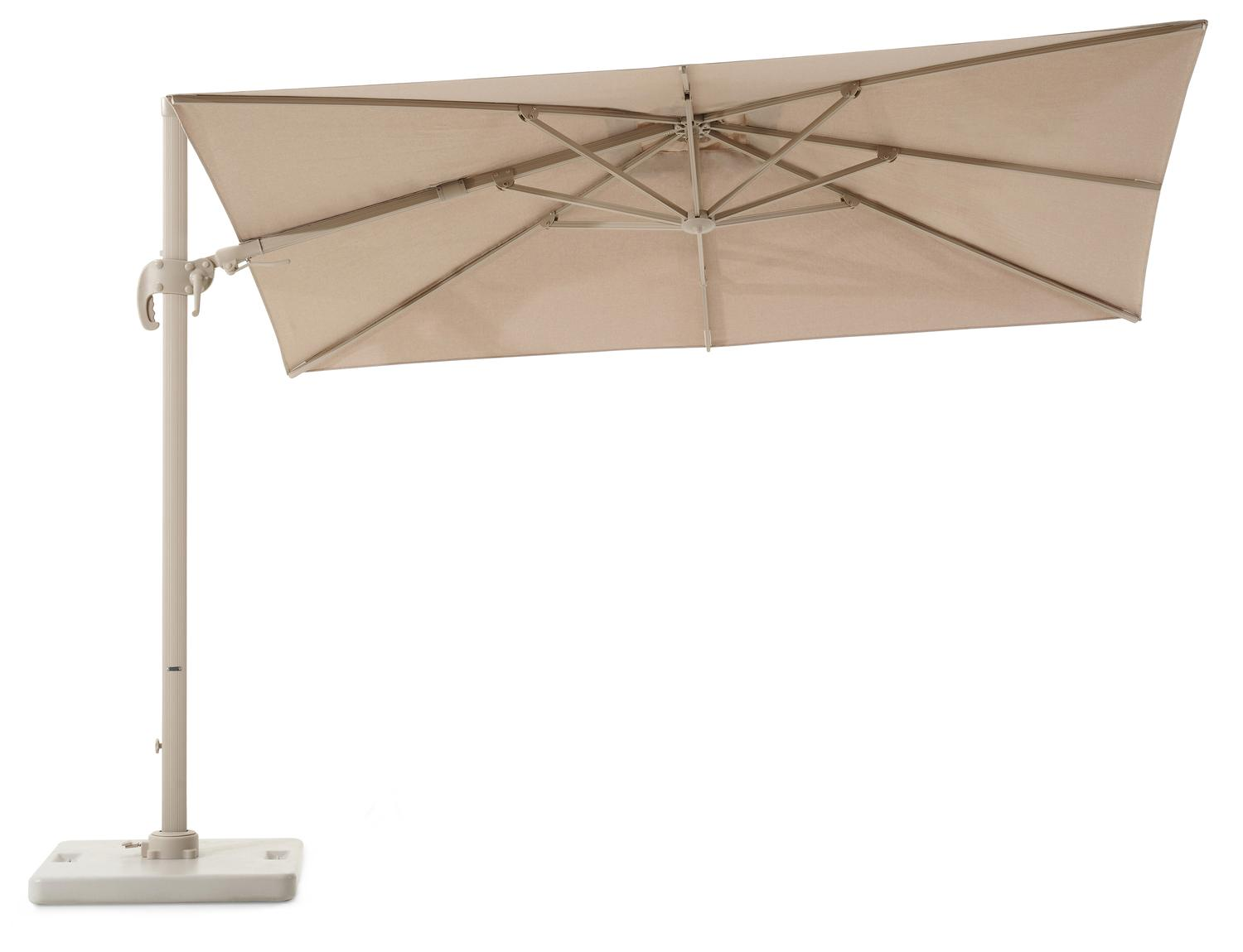 Avola zweefparasol met tiltfunctie in beige aluminium en rustic Weather+ Softtouch parasoldoek - L1 200 x L2 300 cm met Pedito parasolvoet 120 kg