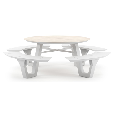 Rondino picknicktafel rond in wit aluminium en volkeramiek Travertino Bianco - Dia. 236 x H 71.5 cm