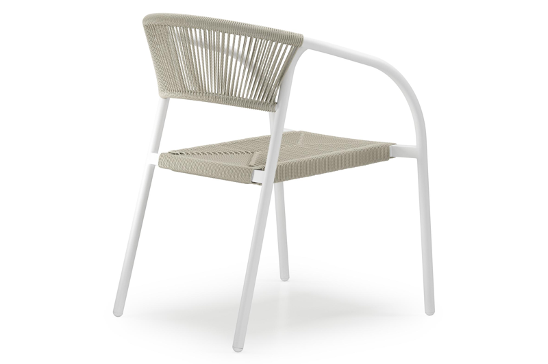 Melo stapelbare tuinstoel in wit aluminium en beige gedraaide ronde wicker