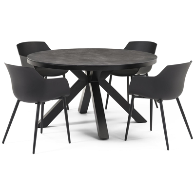 Tora tuinset in zwart aluminium en grijs keramische print tafelblad met 4 Paco tuinstoelen