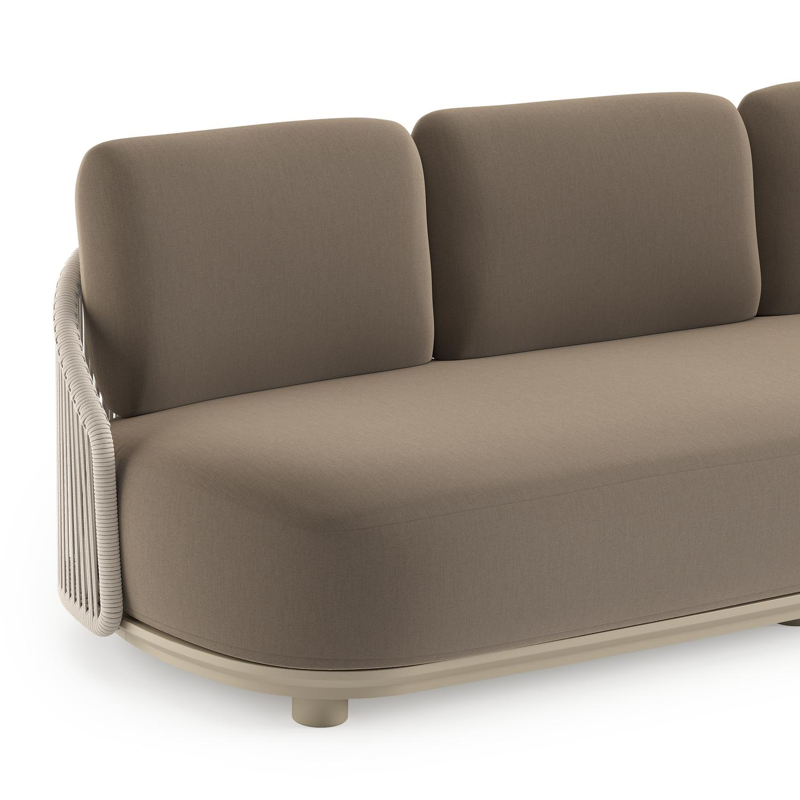 Canapé de jardin Vadelo en aluminium beige et corde ronde tissée verticalement beige et coussins en all weather sunbrella® luxe natte heather grey