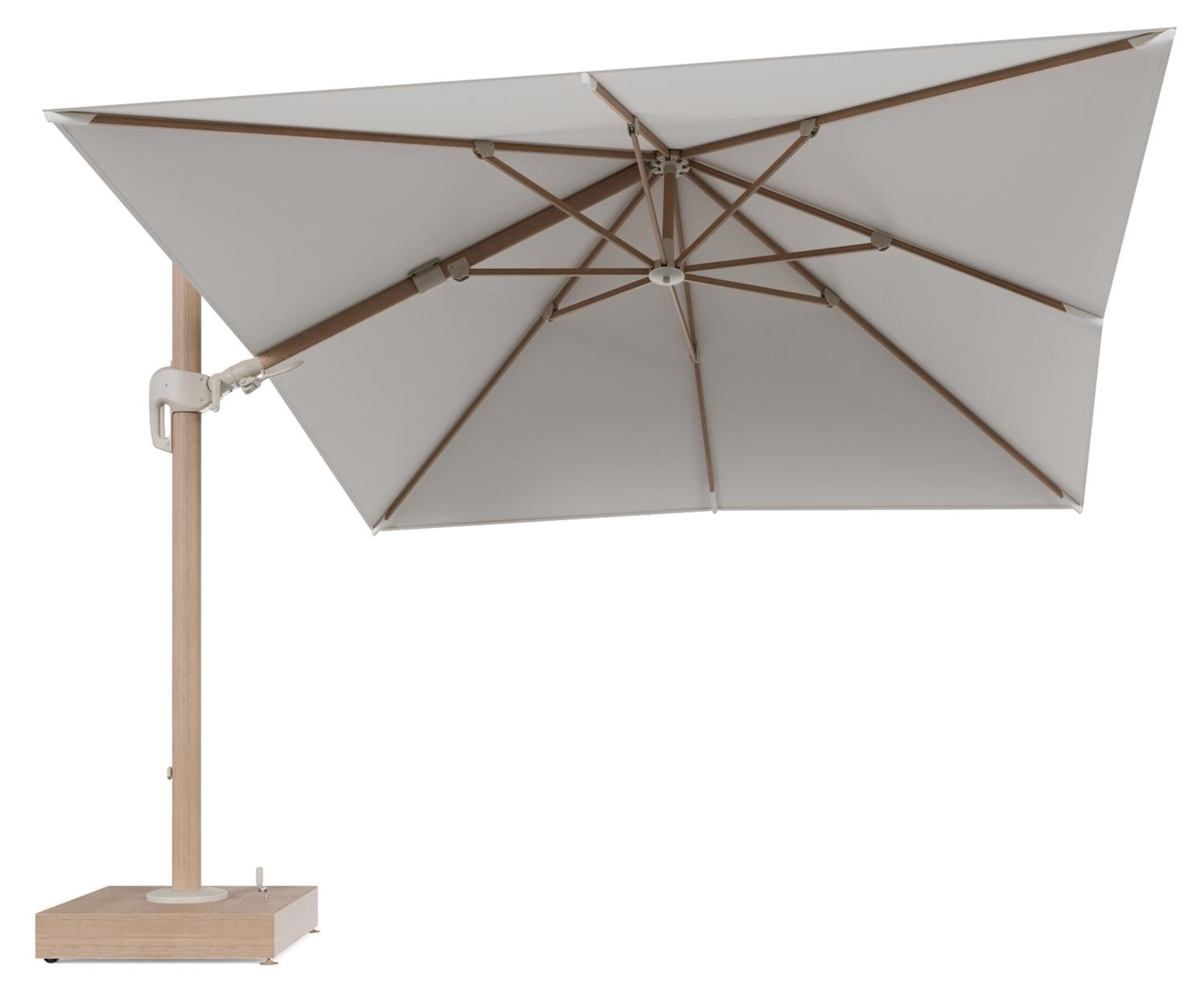 Rufina zweefparasol met tiltfunctie in houtlook aluminium en Savane White All Weather Sunbrella® Luxe parasoldoek - L1 300 x L2 300 cm met parasolvoet Minore 150 kg met wielen