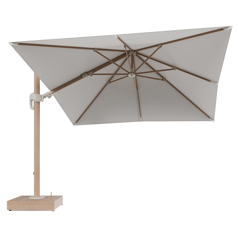 Rufina zweefparasol met tiltfunctie in houtlook aluminium en Savane White All Weather Sunbrella® Luxe parasoldoek - L1 300 x L2 300 cm met parasolvoet Minore 150 kg met wielen