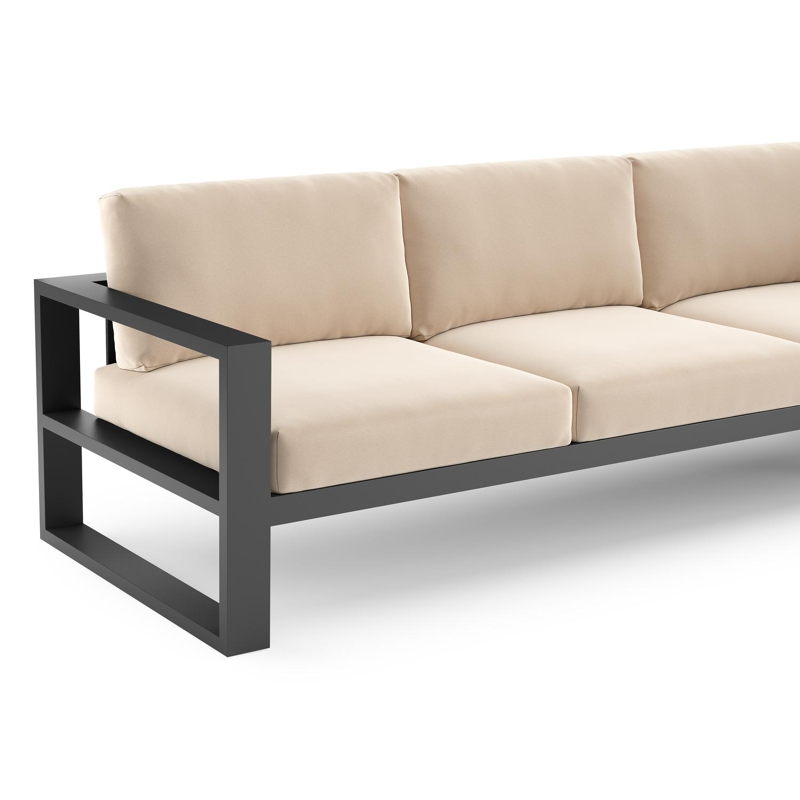 Salon de jardin d'angle Verato en aluminium noir et coussins en all weather sunbrella® luxe natte linen chalk
