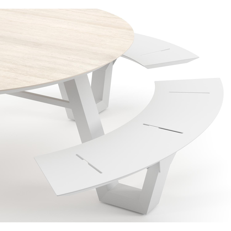Rondino picknicktafel rond in wit aluminium en volkeramiek Travertino Bianco - Dia. 236 x H 71.5 cm