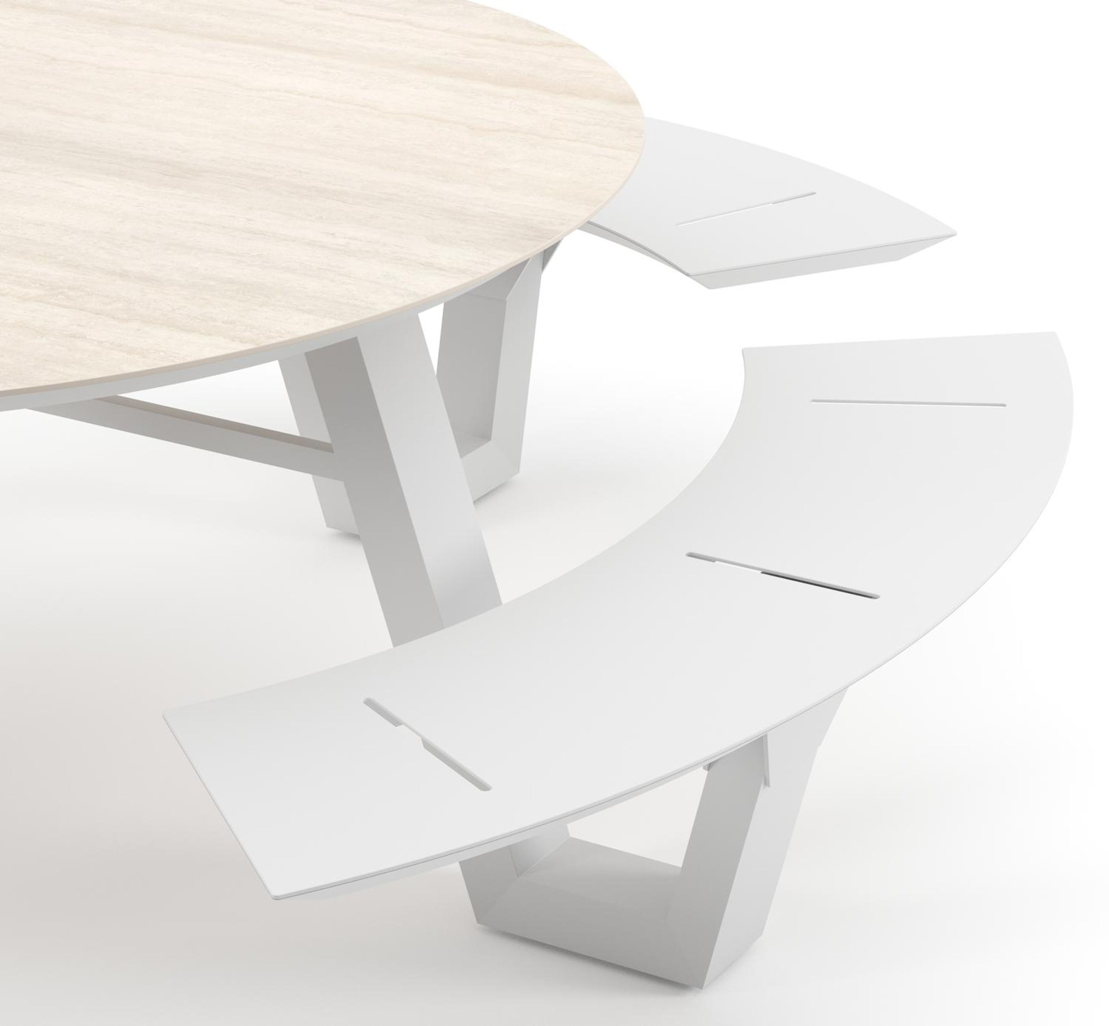 Table de pique-nique Rondino ronde en aluminium blanc et céramique pleine Travertino Bianco - Diam. 148 x Haut. 71.5 cm