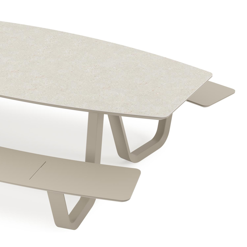Table de pique-nique Forno forme de bateau en aluminium beige et céramique pleine Shilin - Lg. 240 x Lrg. 181 x Haut. 72 cm
