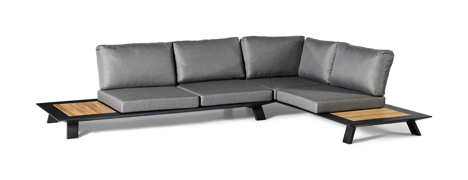 Cesano loungehoek in zwart aluminium en teak met grijze weather+  softtouch kussens