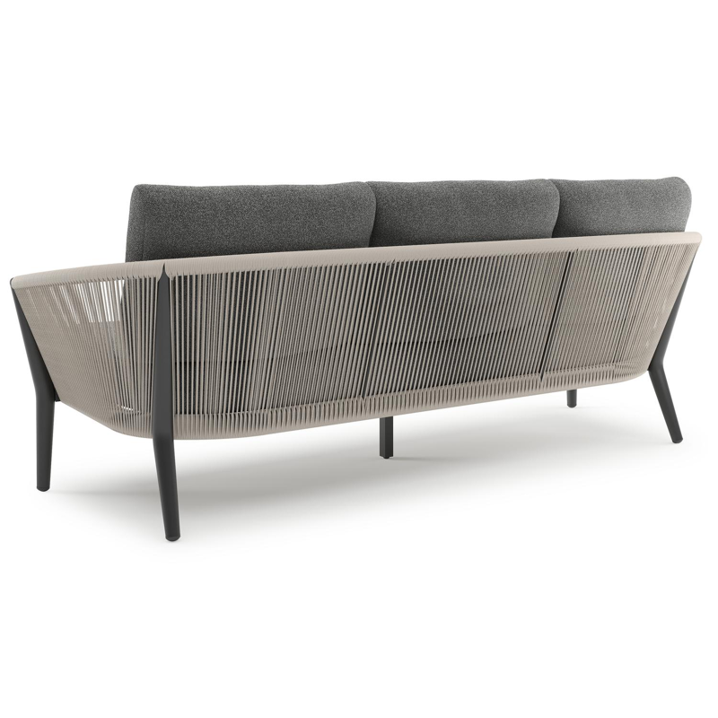 Orso loungeset in zwart aluminium en beige verticaal geweven ronde rope met Catania Black all weather cosytica kussen