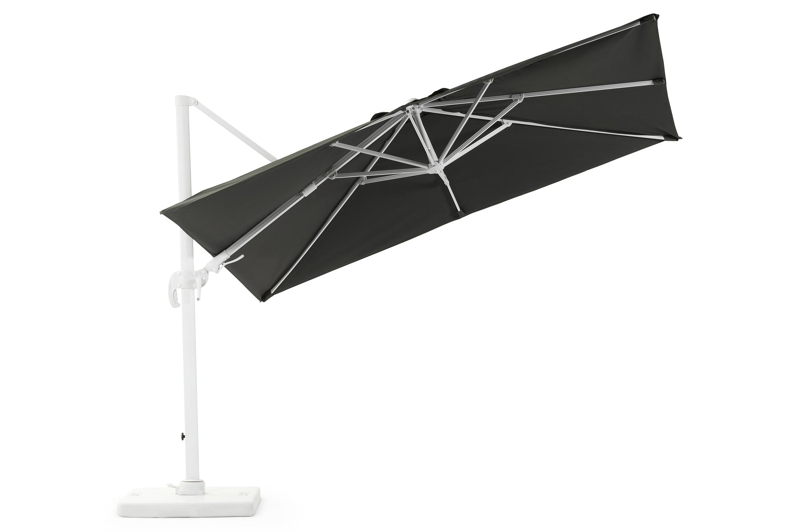 Avola zweefparasol met tiltfunctie in wit aluminium met grijs all weather sunbrella® premium parasoldoek - L1: 300 x L2: 300 cm (met voet)