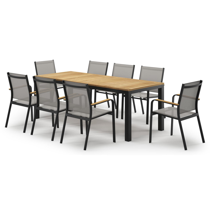 Ensemble de jardin Varese en aluminium noir et teck avec 8 chaises de jardin Amalfi