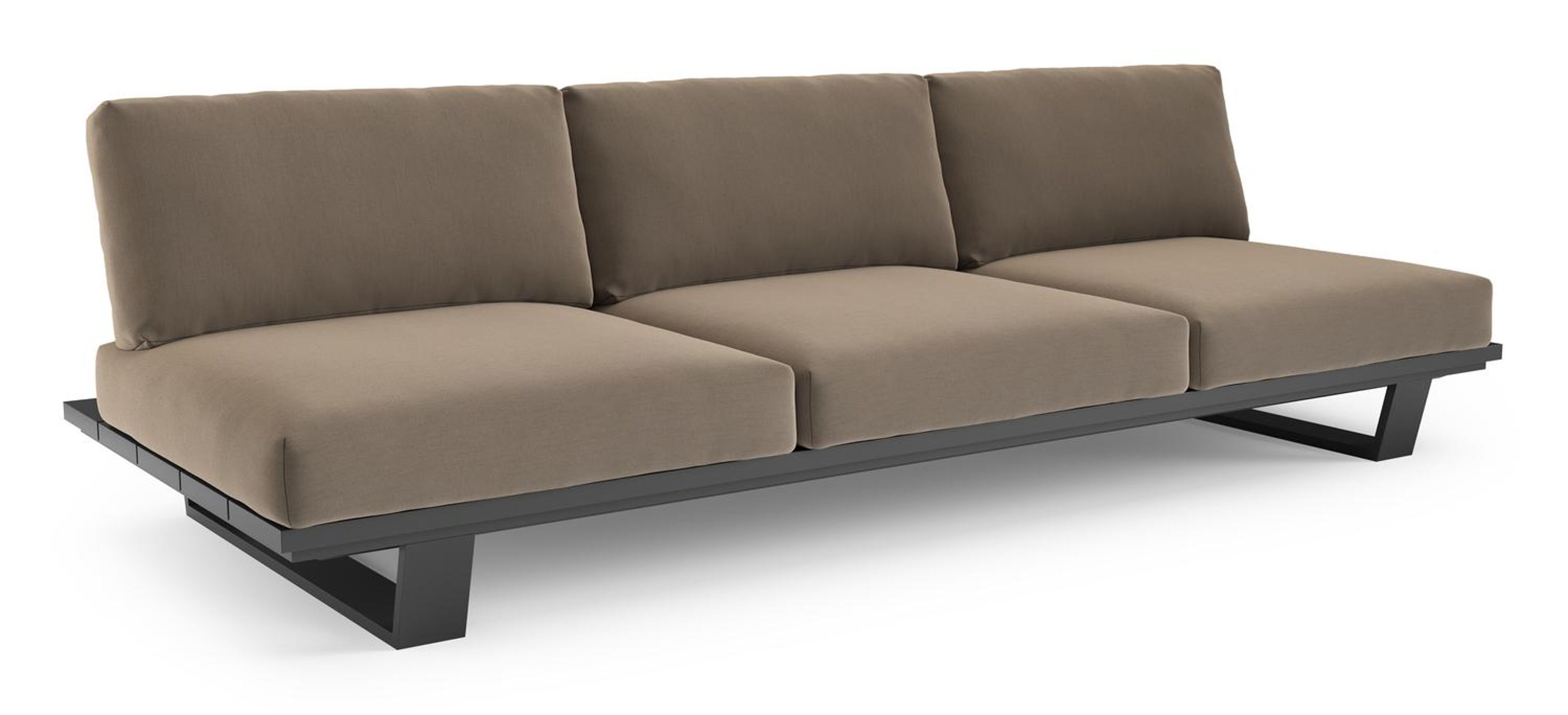 Canapé de jardin Pagino en aluminium noir et coussins en all weather sunbrella® luxe natte heather grey