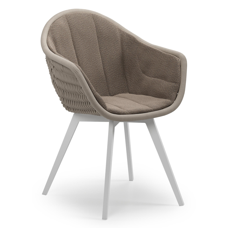 Chaise de jardin Pagino en aluminium blanc et corde ronde tissée verticalement beige avec coussin en All Weather Sunbrella® Luxe Lopi Coconut