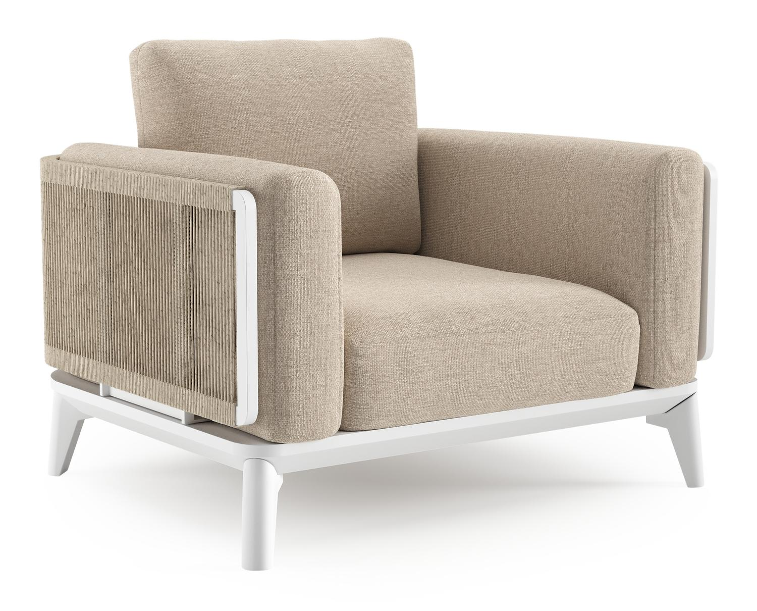 Mosa loungestoel in wit aluminium en beige gedraaide ronde wicker met rustic weather+ softtouch kussen