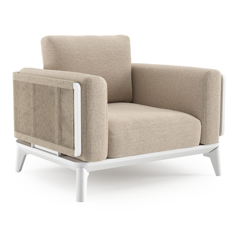 Mosa loungestoel in wit aluminium en beige gedraaide ronde wicker met rustic weather+ softtouch kussen