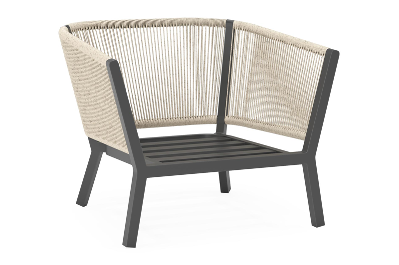 Cordoba loungestoel in zwart aluminium en beige verticaal geweven ronde rope met rustic weather+ softtouch kussen