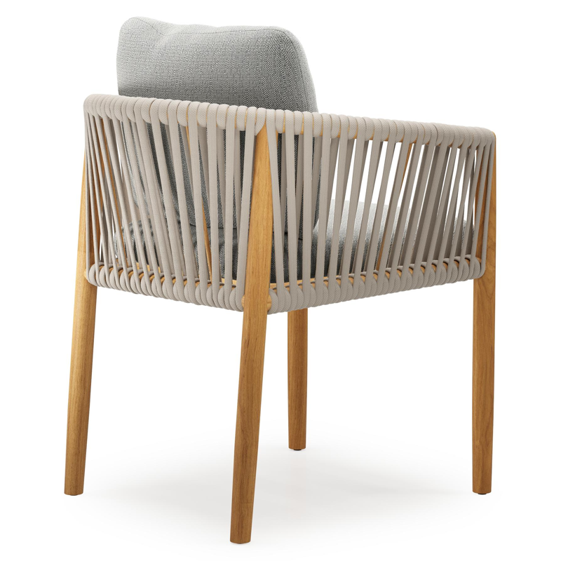 Organo tuinstoel in teak en beige verticaal geweven luxe vlakke rope met zitkussen in All Weather Sunbrella® Luxe Savane Nimbus