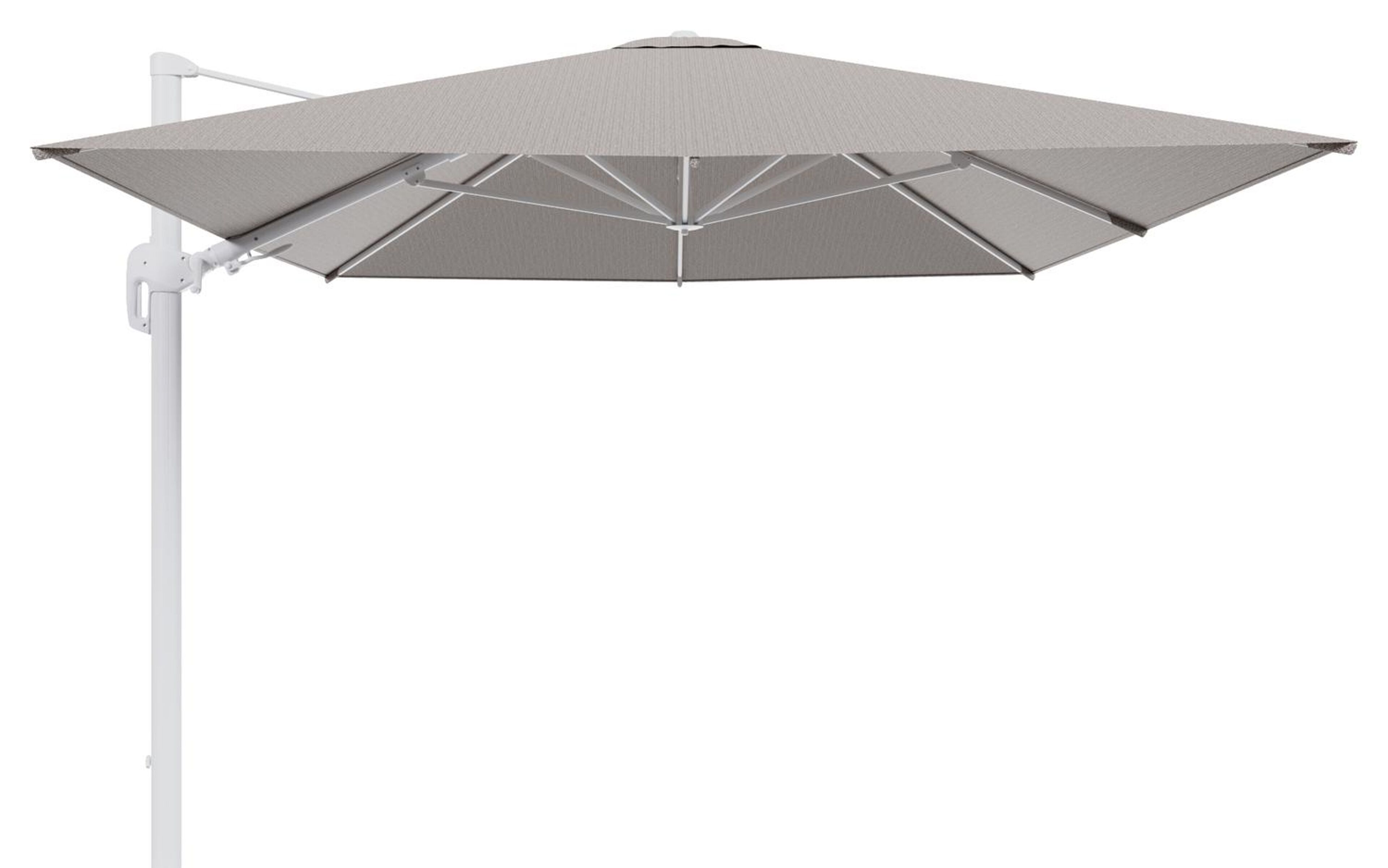 Parasol pendant Rufina avec fonction tilt en aluminium blanc et toile de parasol en All Weather Sunbrella® Luxe Wander Granite - Lg.1 400 x Lg.2 300 cm (sans pied de parasol