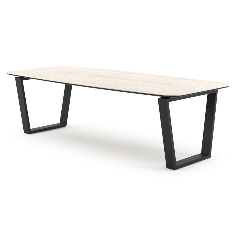 Pagino tuintafel bootvorm in zwart aluminium en volkeramiek Travertino Bianco - L 255 x B 115 x H 73 cm