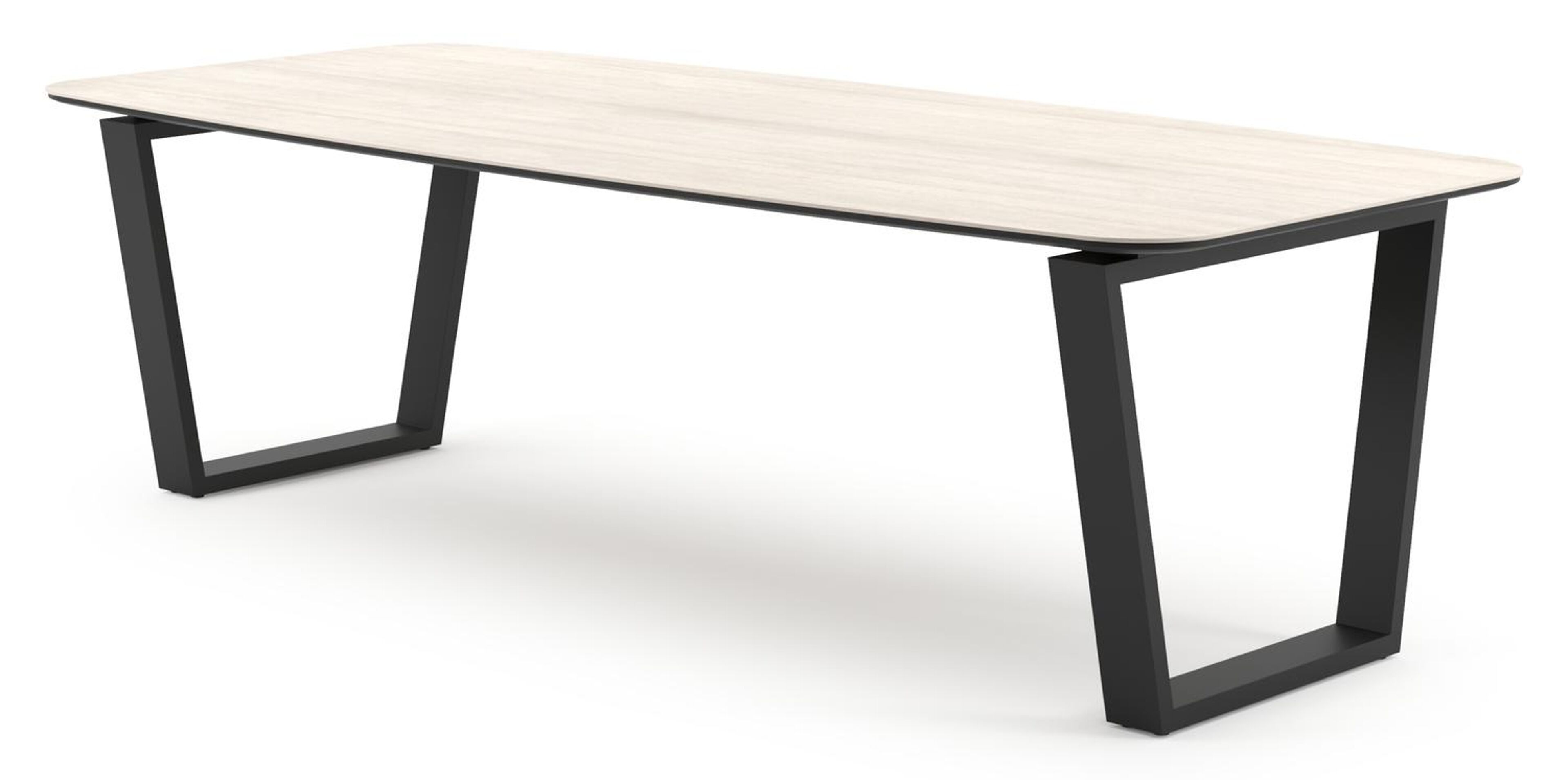 Table de jardin Pagino forme de bateau en aluminium noir et céramique pleine Travertino Bianco - Lg. 255 x Lrg. 115 x Haut. 73 cm
