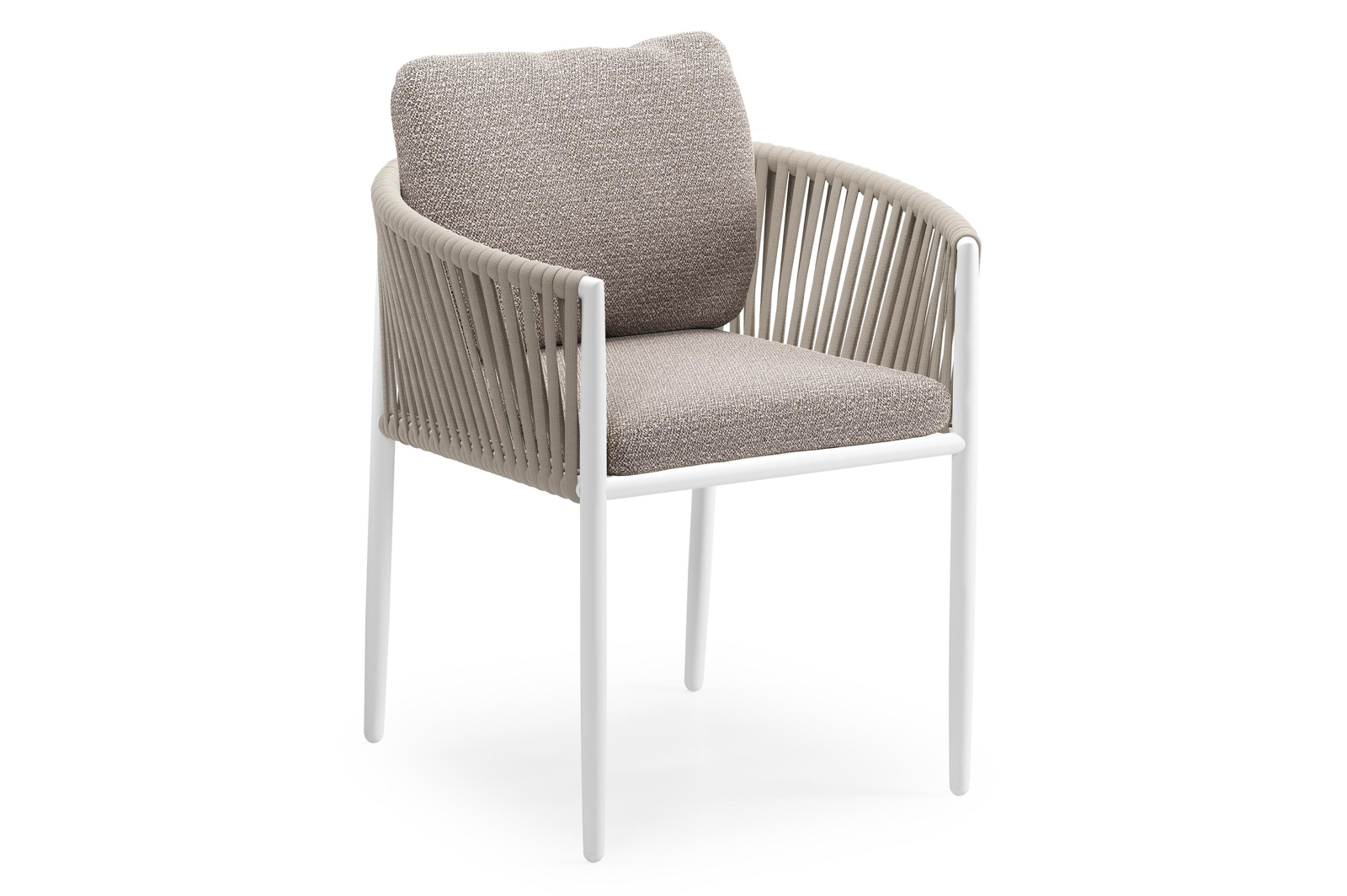 Chaise de jardin Organo en aluminium blanc et corde luxe plate tissée verticalement beige avec coussin en All Weather Sunbrella® Luxe Wander Granite