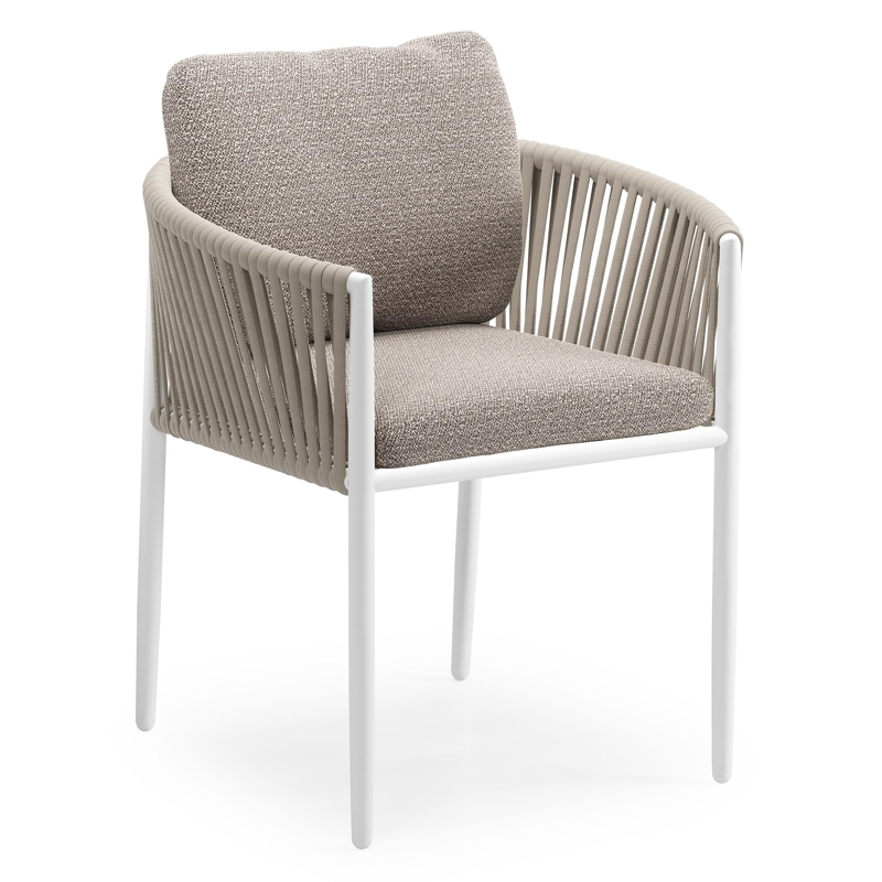 Organo tuinstoel in wit aluminium en beige verticaal geweven luxe vlakke rope met zitkussen in All Weather Sunbrella® Luxe Wander Granite