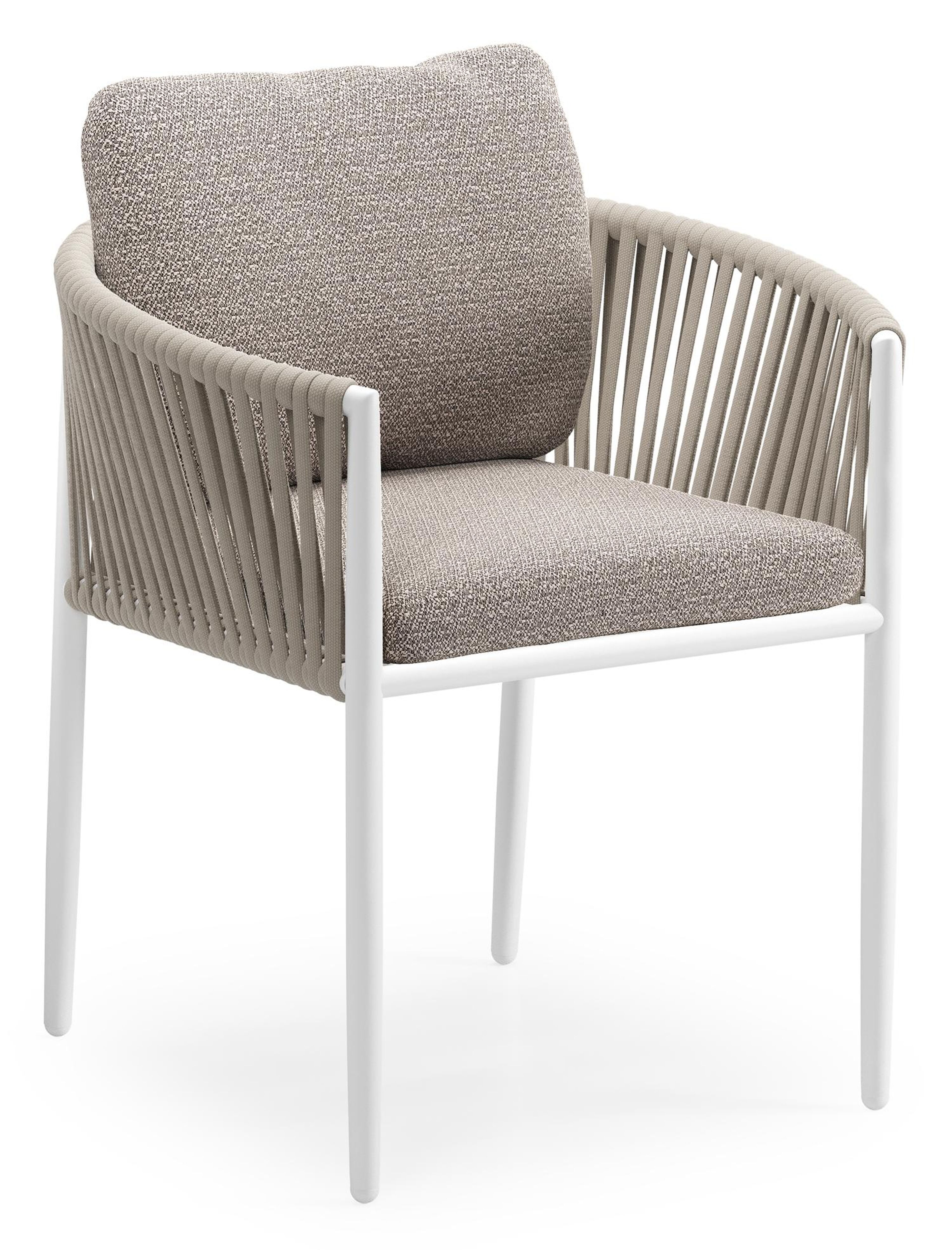 Chaise de jardin Organo en aluminium blanc et corde luxe plate tissée verticalement beige avec coussin en All Weather Sunbrella® Luxe Wander Granite