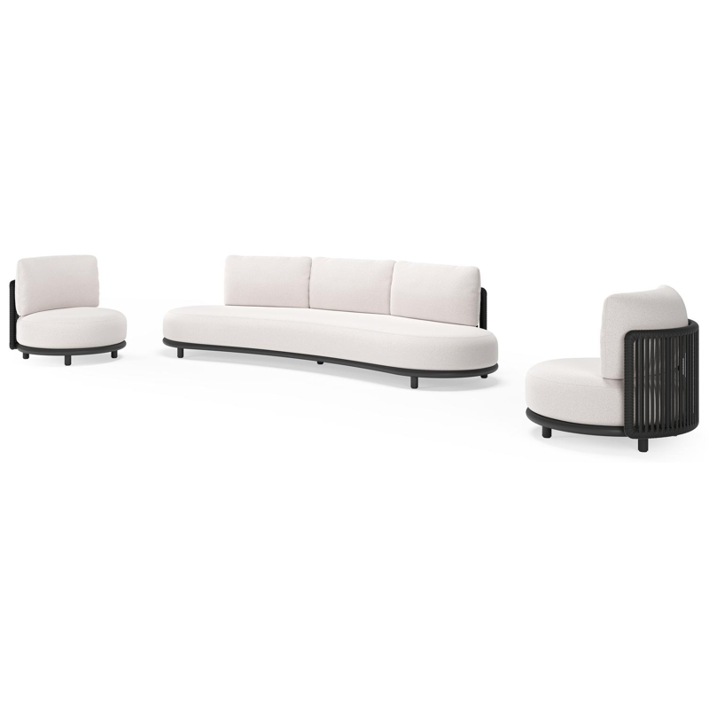 Lomano loungeset in zwart aluminium en zwart verticaal geweven luxe vlakke rope met ego eggshell all weather solica kussen