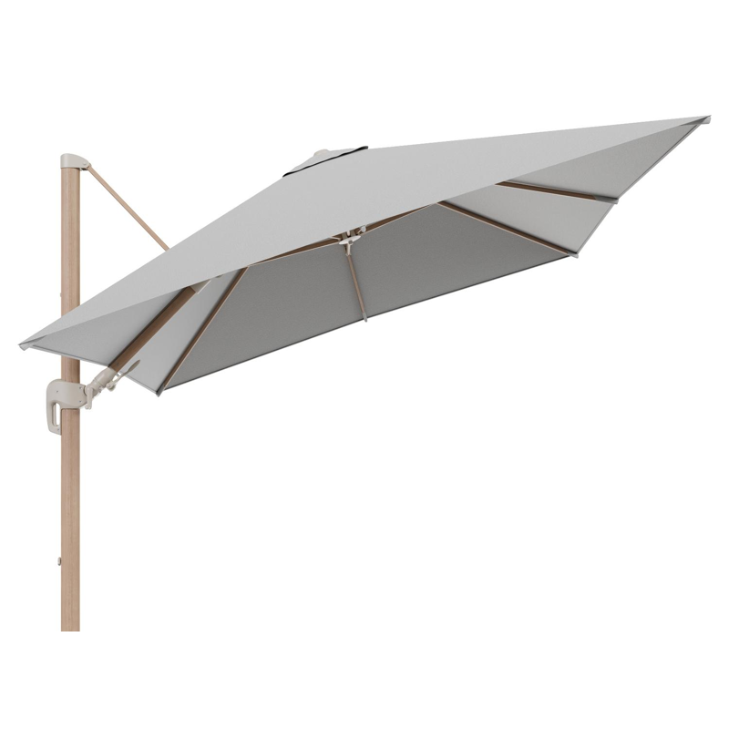 Rufina zweefparasol tiltfunctie in houtlook aluminium en parasoldoek in All Weather Sunbrella® Luxe Savane Nimbus  - L1 300 x L2 300 cm (zonder voet)