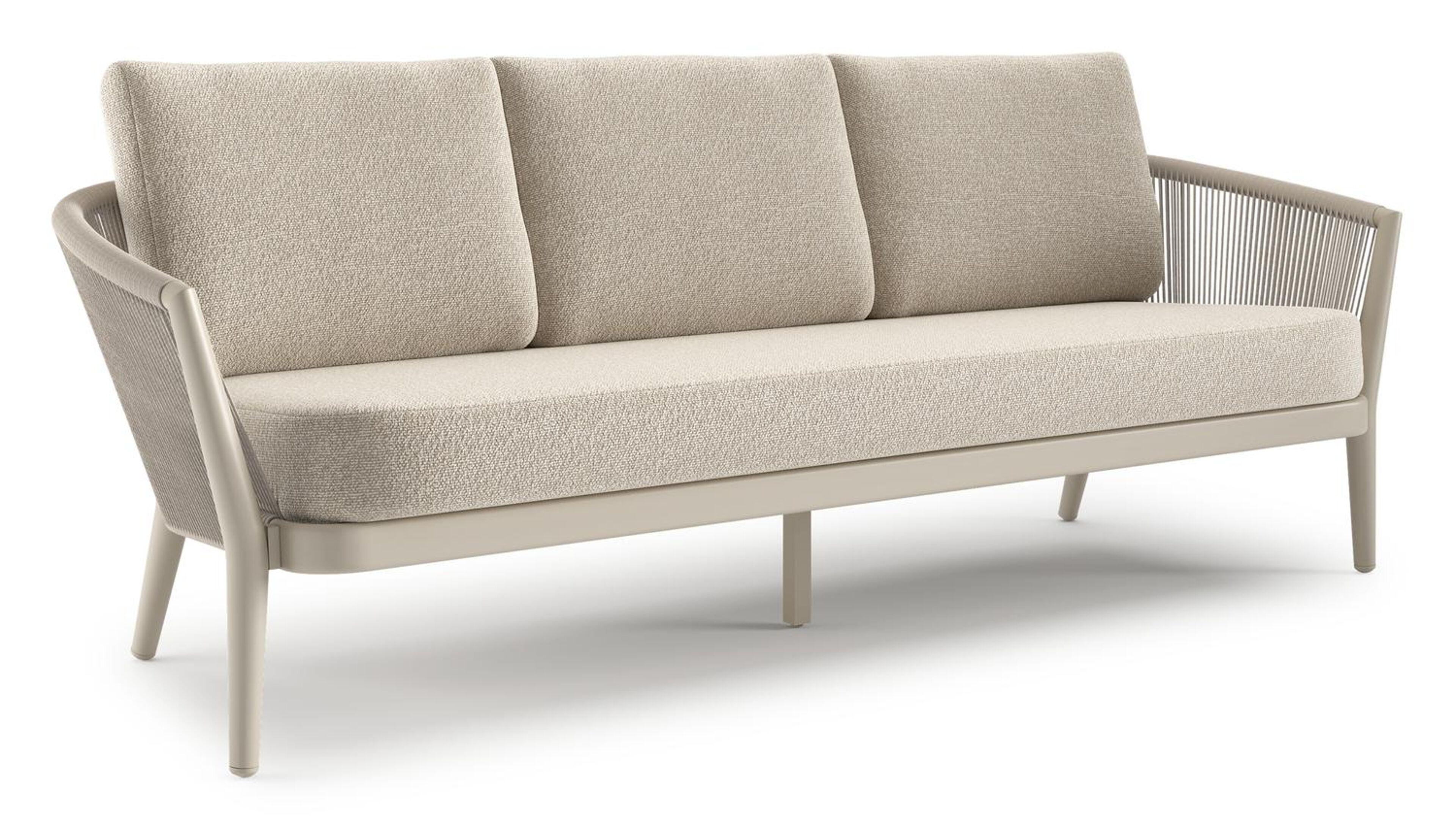 Orso loungebank in beige aluminium en beige verticaal geweven ronde rope met Marbella Ecru all weather cosytica kussen