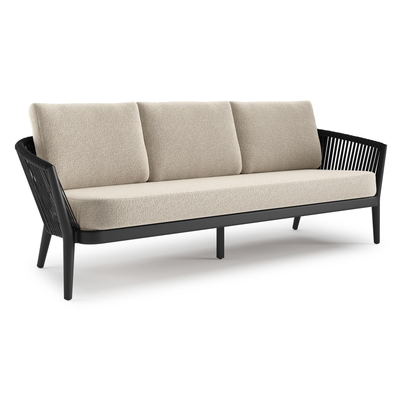 Orso loungebank in zwart aluminium en zwart verticaal geweven luxe vlakke rope met Marbella Ecru all weather cosytica kussen