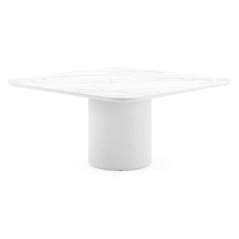 Table de jardin Amico carré arrondi en aluminium blanc et céramique pleine Calacatta - Lg. 148 x Lrg. 148 x Haut. 74 cm