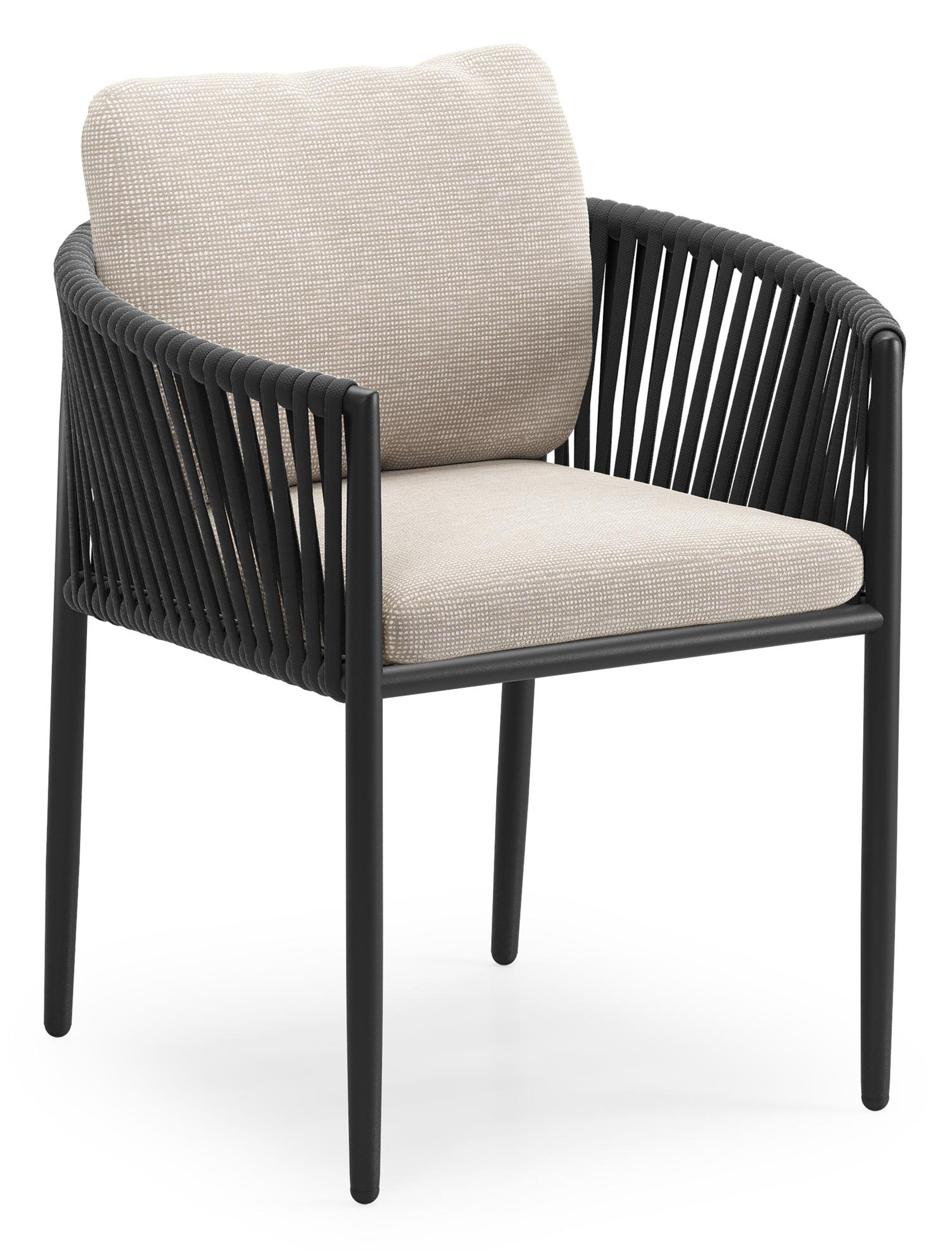 Organo tuinstoel in zwart aluminium en zwart verticaal geweven luxe vlakke rope met zitkussen in All Weather Sunbrella® Luxe Slow Farafra