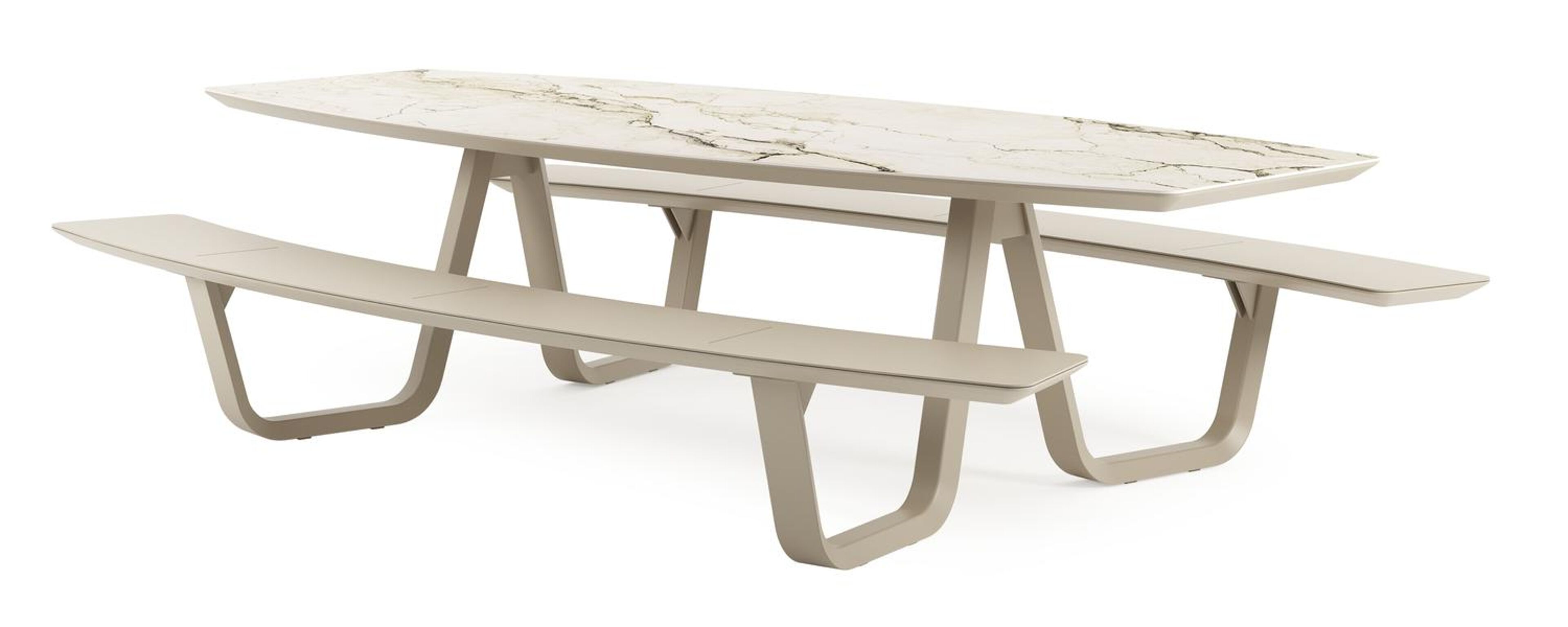 Table de pique-nique Forno forme de bateau en aluminium beige et céramique pleine Colorado Dunes - Lg. 280 x Lrg. 192 x Haut. 72 cm