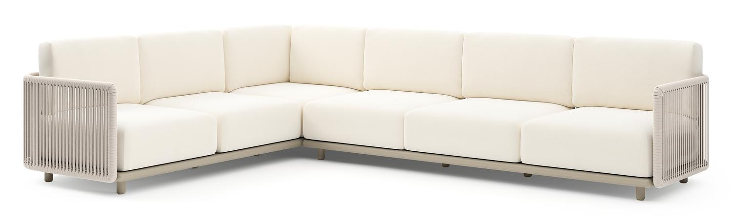 Organo loungehoek in beige aluminium en beige verticaal geweven luxe vlakke rope met natte white all weather Sunbrella® luxe kussen