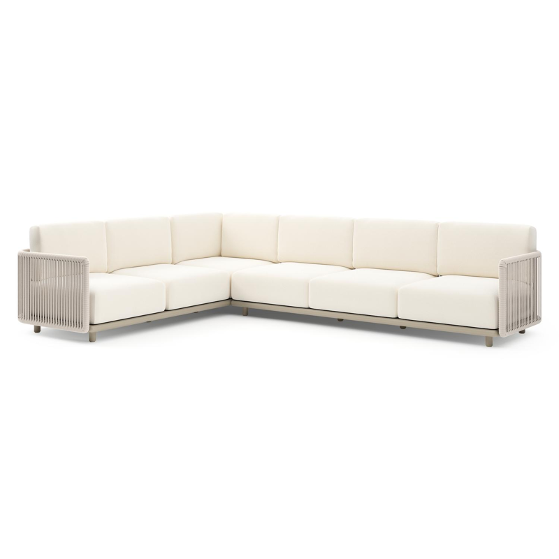 Organo loungehoek in beige aluminium en beige verticaal geweven luxe vlakke rope met natte white all weather Sunbrella® luxe kussen