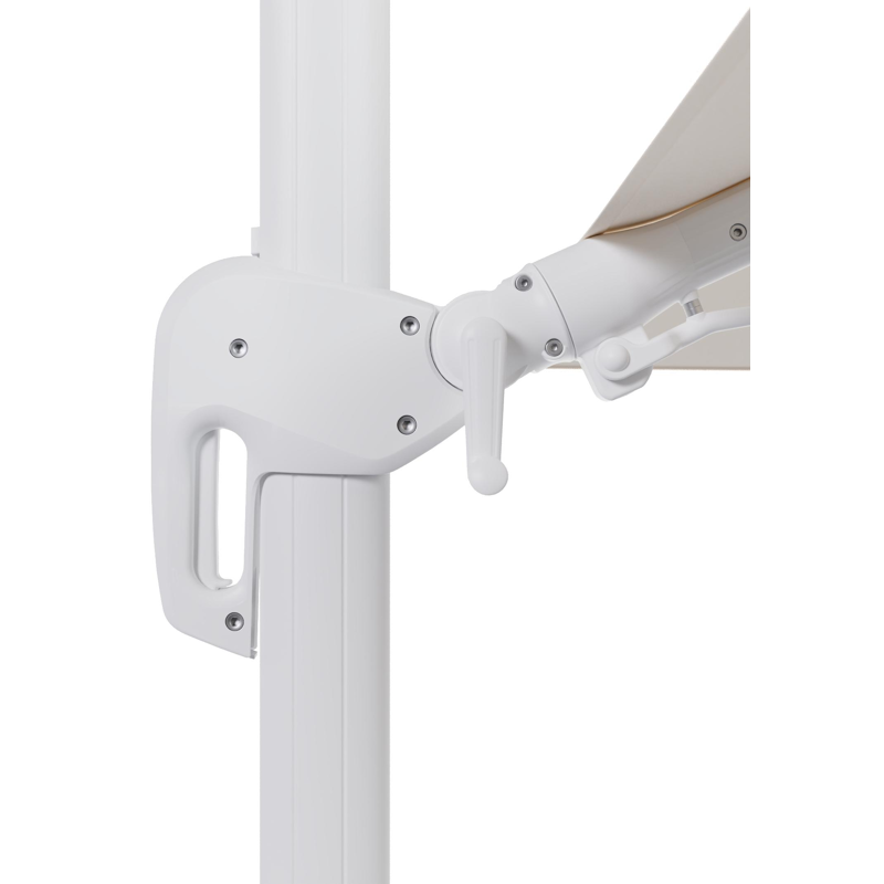 Rufina zweefparasol met tiltfunctie in wit aluminium en Natte Linen Chalk All Weather Sunbrella® Luxe parasoldoek - L1 400 x L2 300 cm met parasolvoet Minore 150 kg met wielen