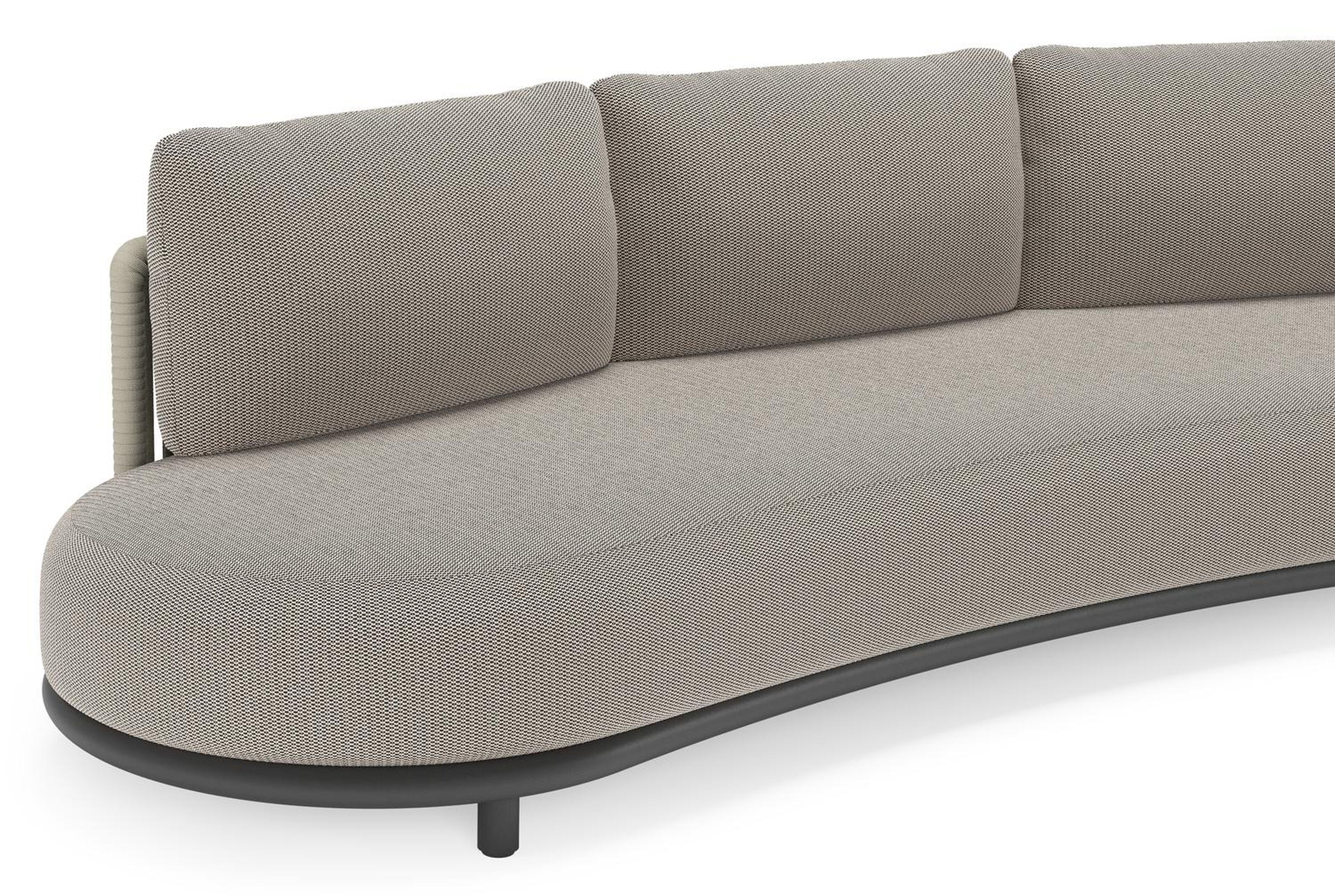 Lomano loungebank in zwart aluminium en beige verticaal geweven luxe vlakke rope met Lopi Pepper all weather sunbrella® luxe