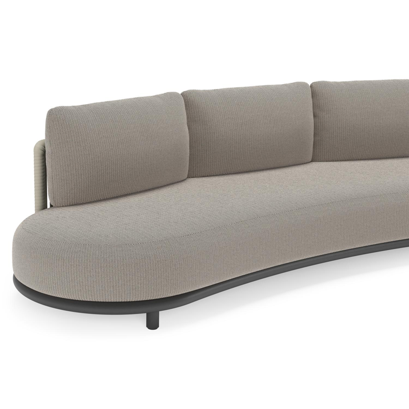 Lomano loungebank in zwart aluminium en beige verticaal geweven luxe vlakke rope met Lopi Pepper all weather sunbrella® luxe