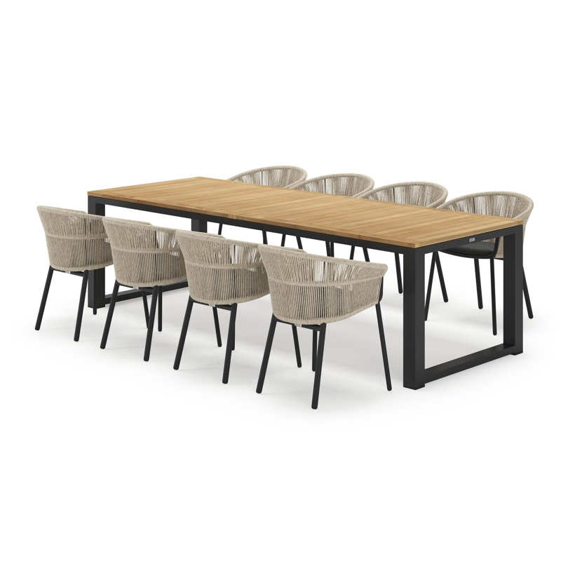 Livo rechthoekige tuinset in zwart aluminium en teak natural finish met 8 Matera tuinstoelen