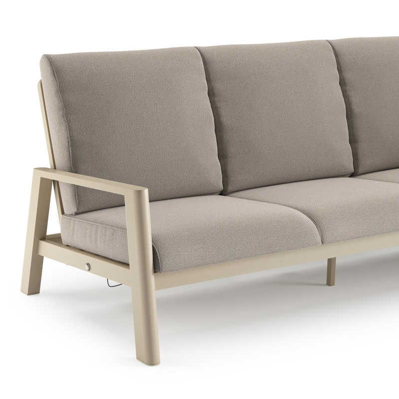 Canapé de jardin Cirello en aluminium beige et coussins en all weather sunbrella® luxe savane coconut