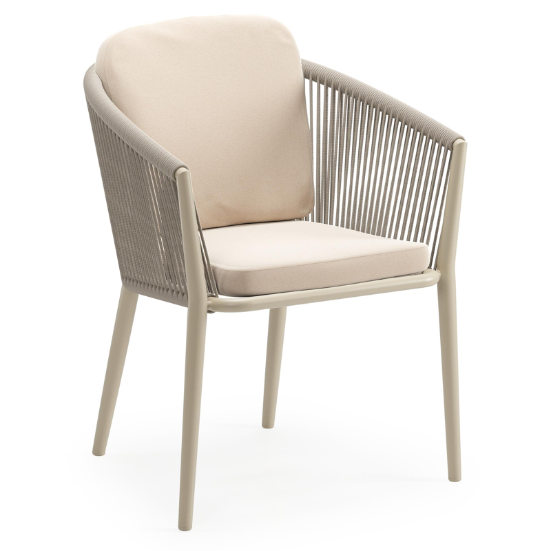 Orso tuinstoel in beige aluminium en beige verticaal geweven ronde rope met luxe zitkussen in All Weather Sunbrella® Luxe Natte Linen Chalk