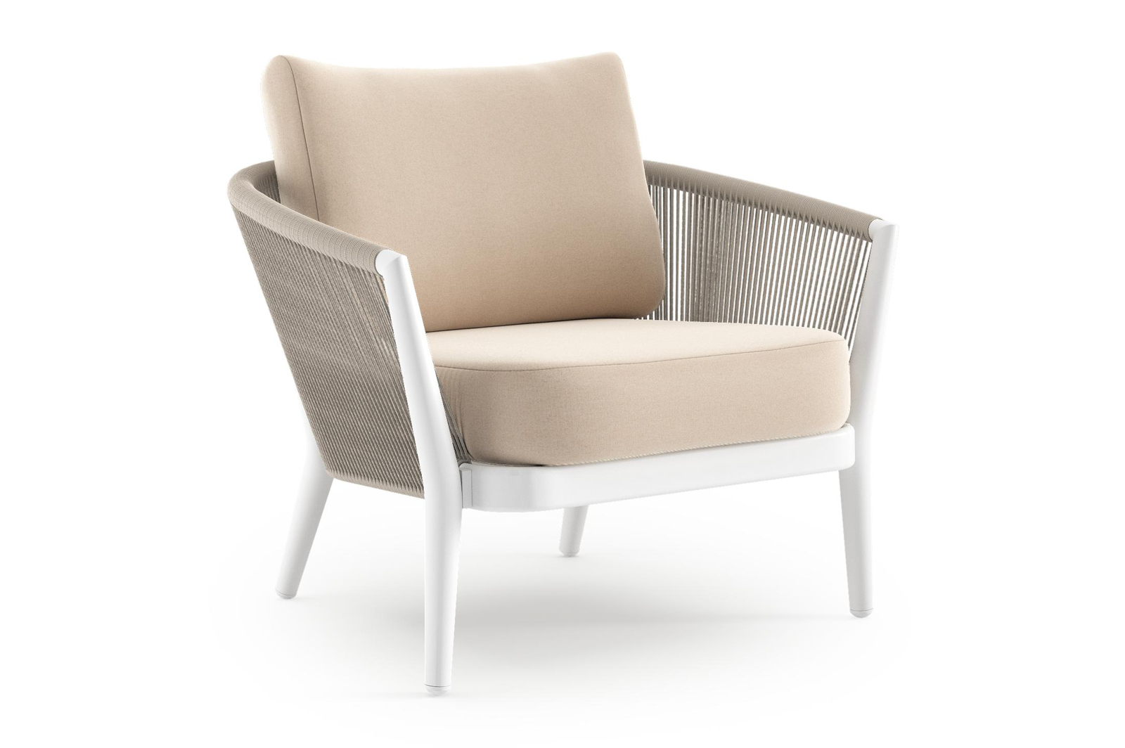 Orso loungestoel 1-zit in wit aluminium en beige verticaal geweven ronde rope met natte linen chalk all weather sunbrella® luxe kussen