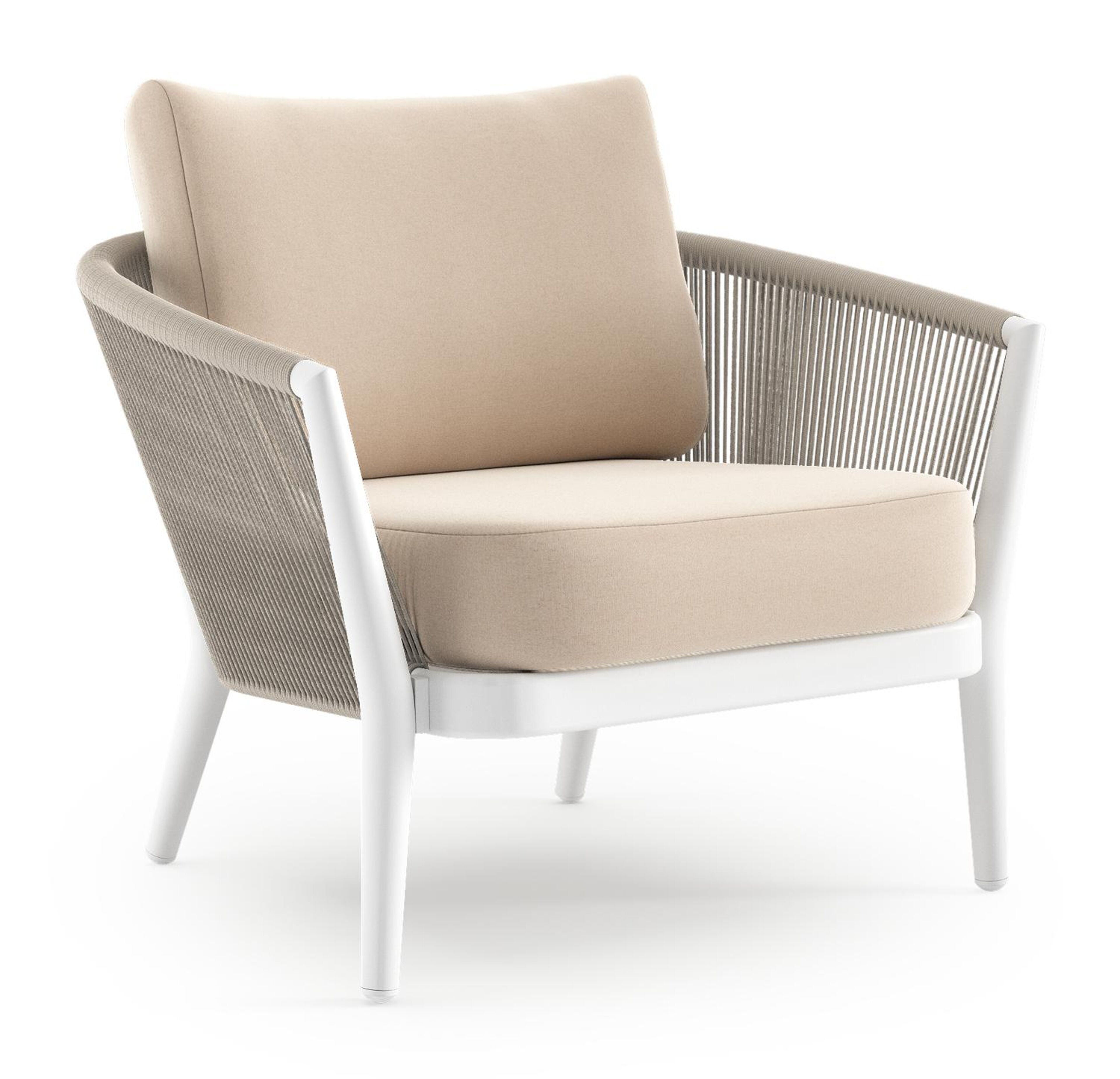 Orso loungestoel 1-zit in wit aluminium en beige verticaal geweven ronde rope met natte linen chalk all weather sunbrella® luxe kussen